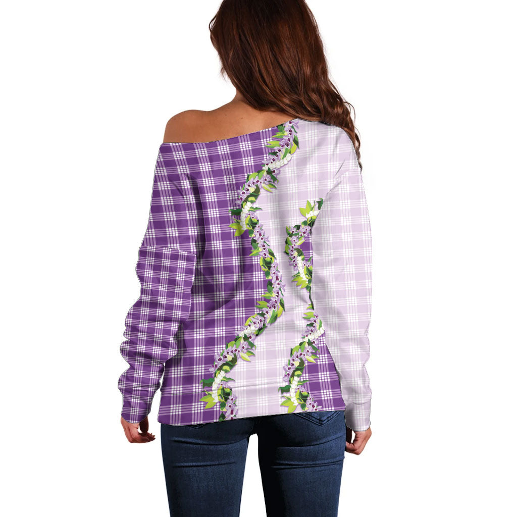 Violet Hawaii Palaka Off Shoulder Sweater Maile Pikake Honohono Orchid Lei