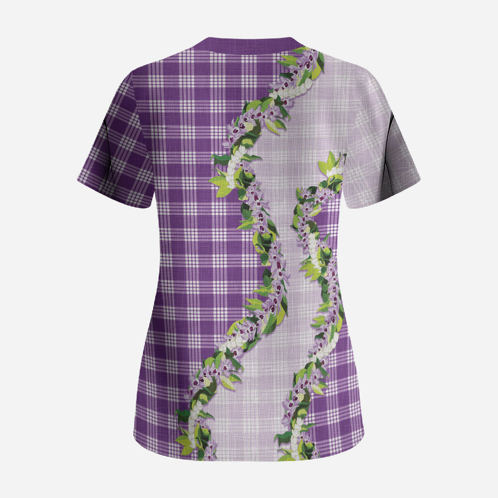 Violet Hawaii Palaka Scrub Top Maile Pikake Honohono Orchid Lei LT05 - Polynesian Pride