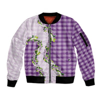 Violet Hawaii Palaka Sleeve Zip Bomber Jacket Maile Pikake Honohono Orchid Lei