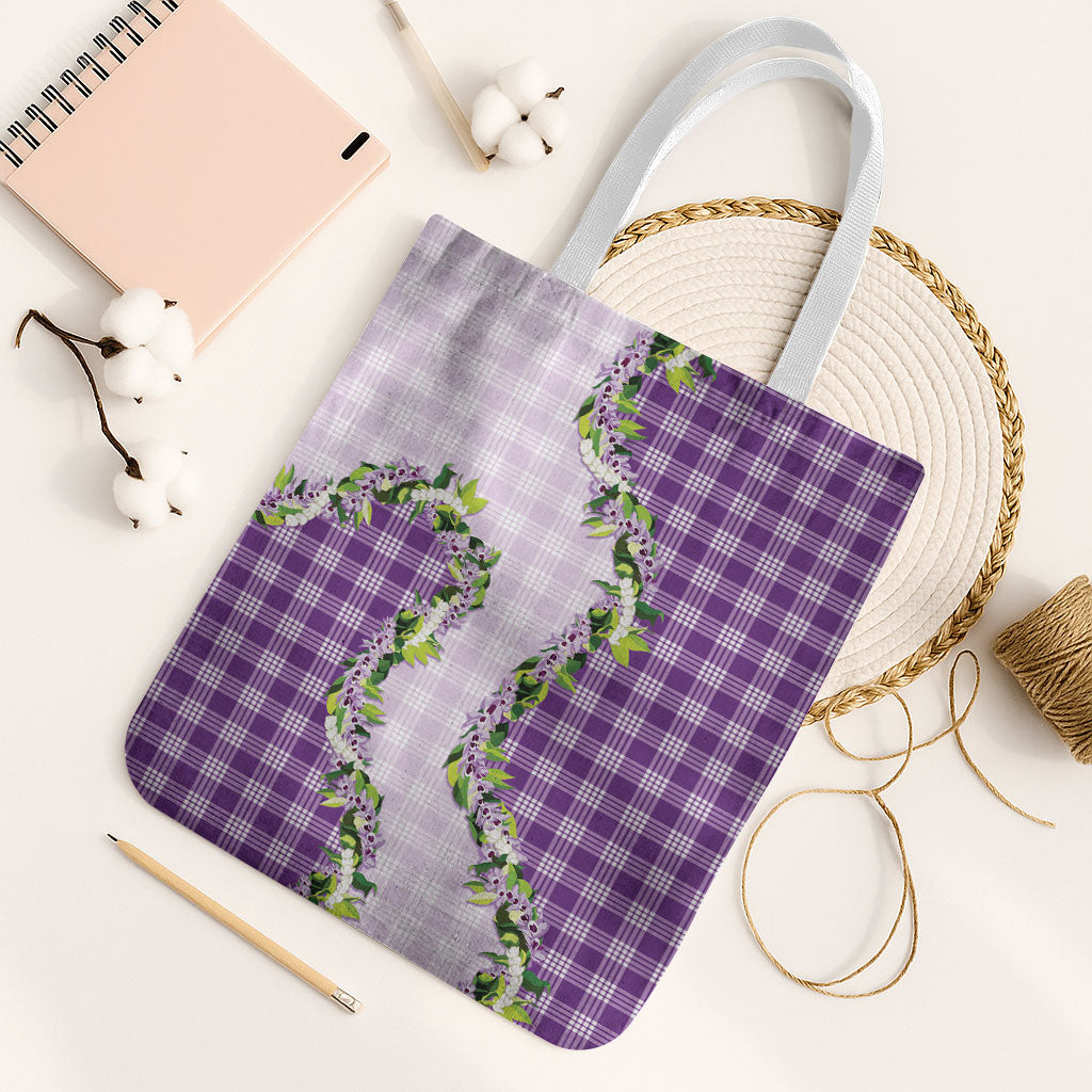 Violet Hawaii Palaka Tote Bag Maile Pikake Honohono Orchid Lei