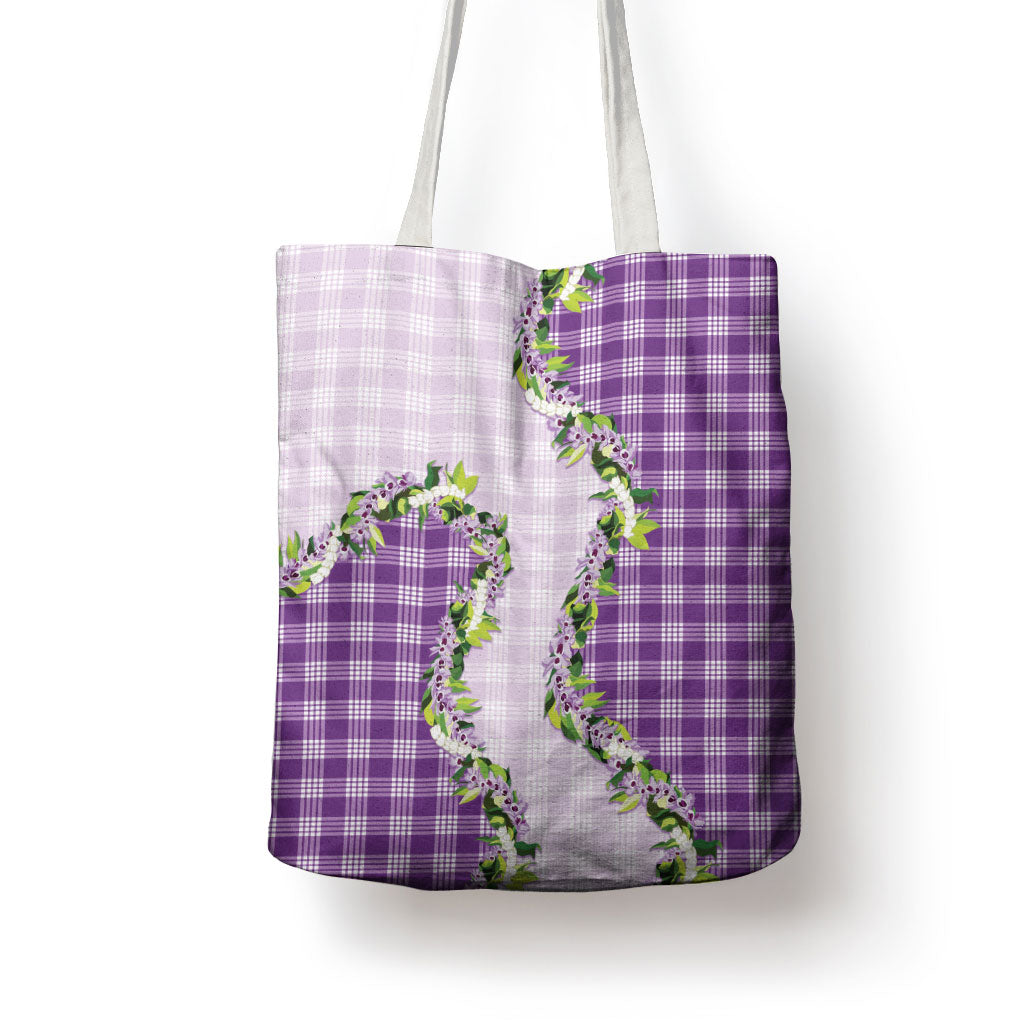 Violet Hawaii Palaka Tote Bag Maile Pikake Honohono Orchid Lei