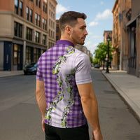 Violet Hawaii Palaka Zipper Polo Shirt Maile Pikake Honohono Orchid Lei