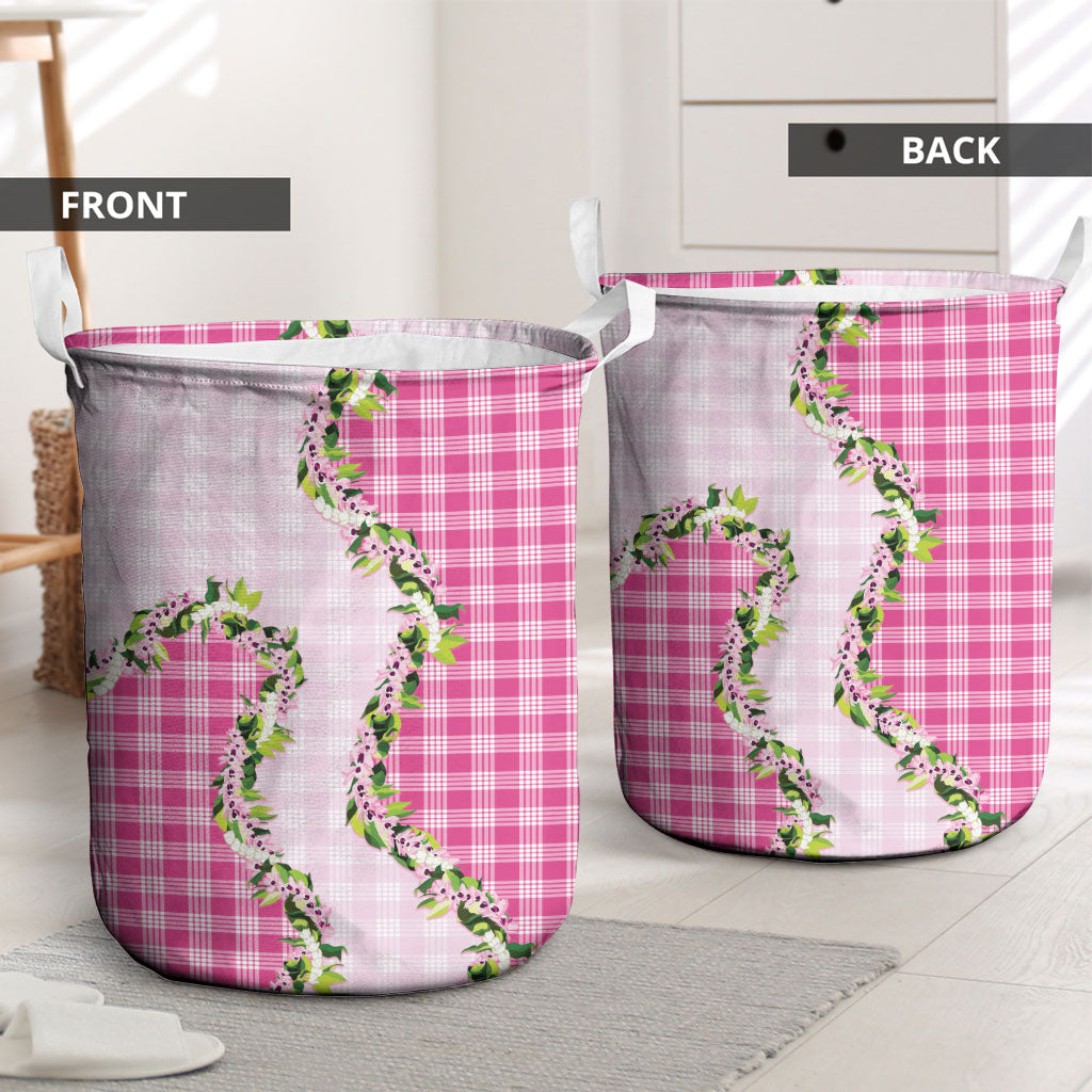 Pink Hawaii Palaka Laundry Basket Maile Pikake Honohono Orchid Lei