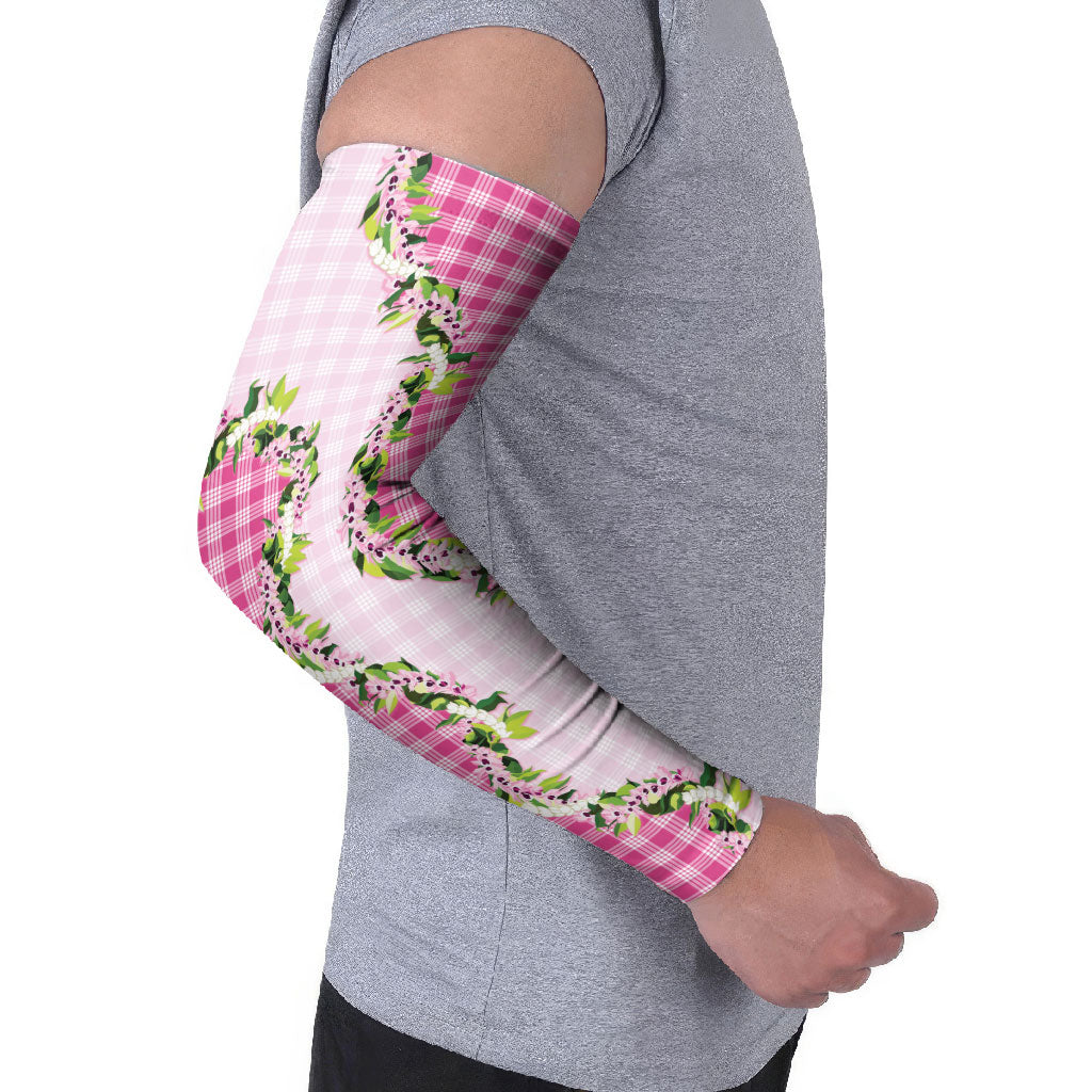 Pink Hawaii Palaka Arm Sleeves Maile Pikake Honohono Orchid Lei