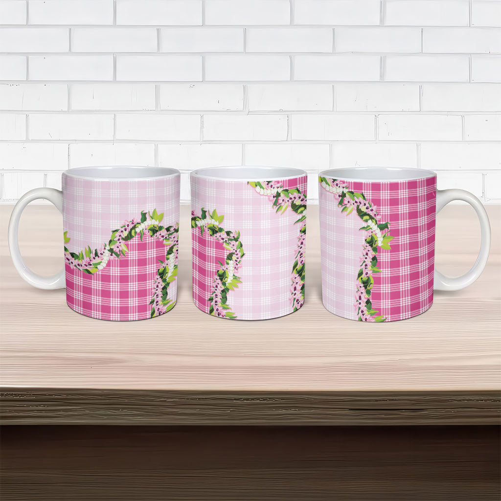 Pink Hawaii Palaka Ceramic Mug Maile Pikake Honohono Orchid Lei