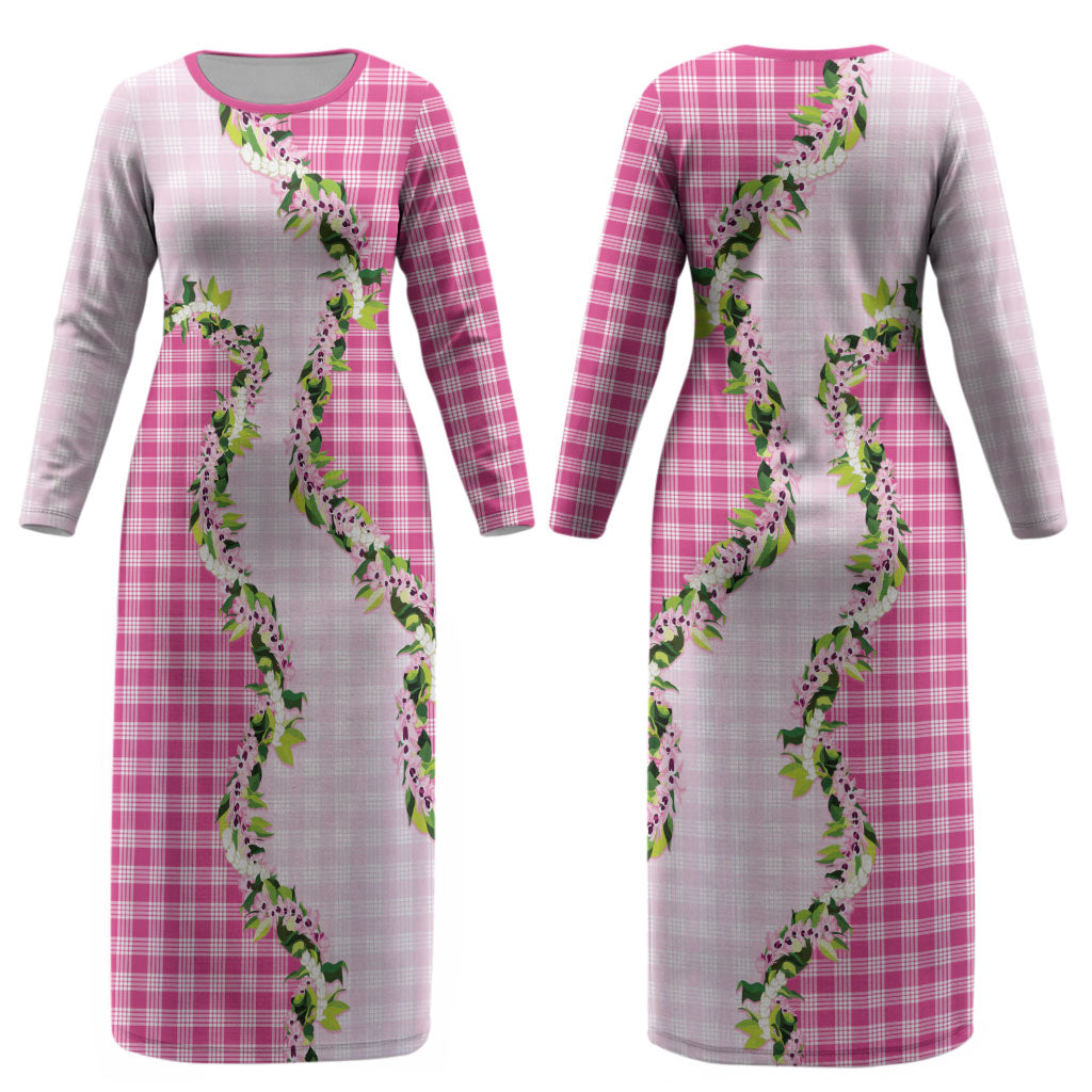 Pink Hawaii Palaka Couples Matching Long Sleeve Bodycon Dress and Hawaiian Shirt Maile Pikake Honohono Orchid Lei LT05 - Polynesian Pride