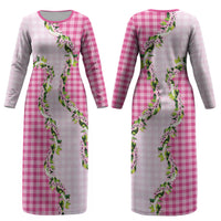 Pink Hawaii Palaka Couples Matching Long Sleeve Bodycon Dress and Hawaiian Shirt Maile Pikake Honohono Orchid Lei LT05 - Polynesian Pride