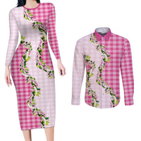 Pink Hawaii Palaka Couples Matching Long Sleeve Bodycon Dress and Long Sleeve Button Shirt Maile Pikake Honohono Orchid Lei LT05 Pink - Polynesian Pride