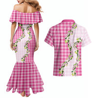 Pink Hawaii Palaka Couples Matching Mermaid Dress and Hawaiian Shirt Maile Pikake Honohono Orchid Lei LT05 - Polynesian Pride