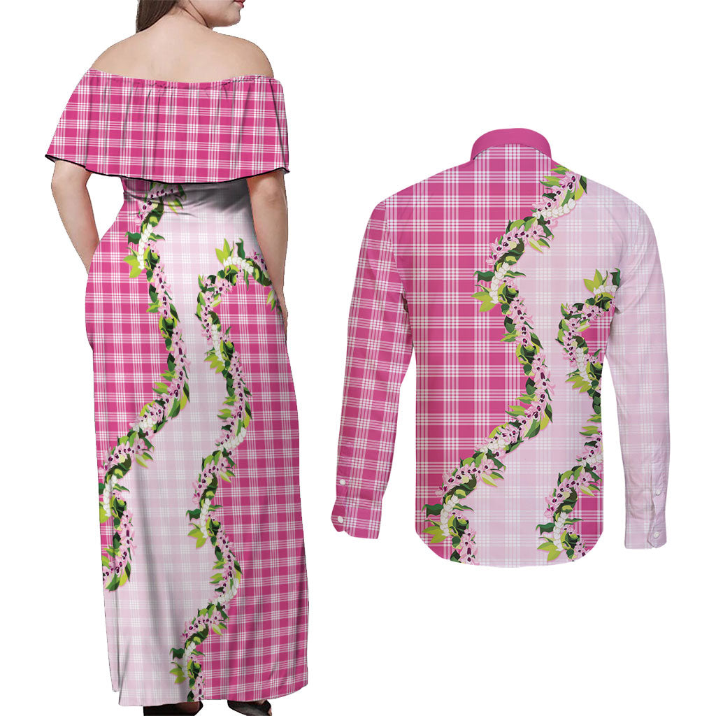 Pink Hawaii Palaka Couples Matching Off Shoulder Maxi Dress and Long Sleeve Button Shirt Maile Pikake Honohono Orchid Lei LT05 - Polynesian Pride