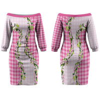 Pink Hawaii Palaka Couples Matching Off The Shoulder Long Sleeve Dress and Long Sleeve Button Shirt Maile Pikake Honohono Orchid Lei LT05 - Polynesian Pride