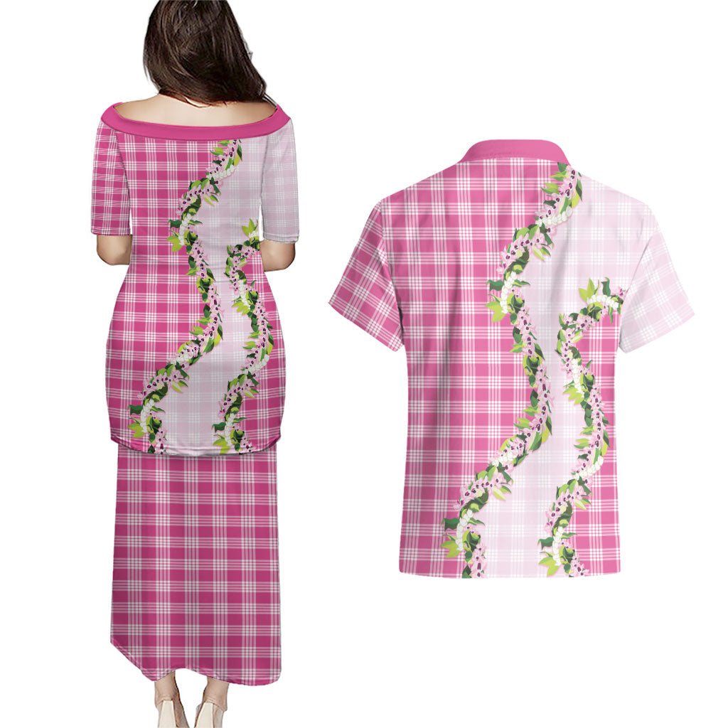 Pink Hawaii Palaka Couples Matching Puletasi and Hawaiian Shirt Maile Pikake Honohono Orchid Lei LT05 - Polynesian Pride