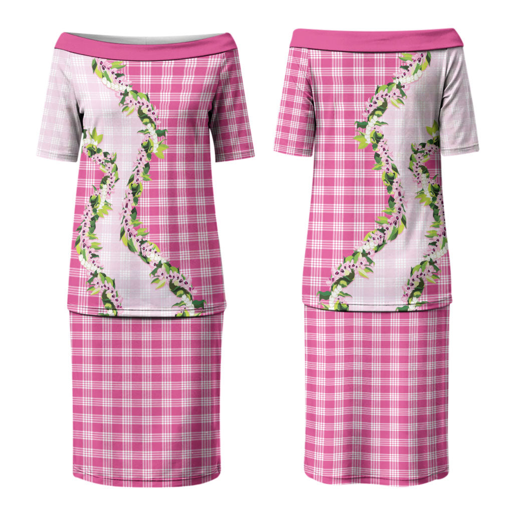 Pink Hawaii Palaka Couples Matching Puletasi and Long Sleeve Button Shirt Maile Pikake Honohono Orchid Lei LT05 - Polynesian Pride