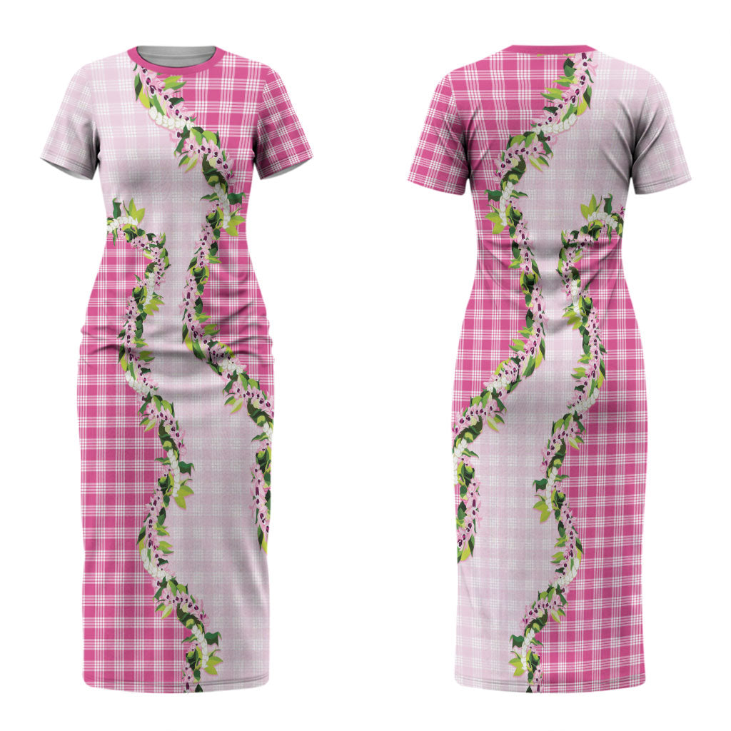 Pink Hawaii Palaka Couples Matching Short Sleeve Bodycon Dress and Hawaiian Shirt Maile Pikake Honohono Orchid Lei LT05 - Polynesian Pride