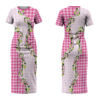 Pink Hawaii Palaka Couples Matching Short Sleeve Bodycon Dress and Hawaiian Shirt Maile Pikake Honohono Orchid Lei LT05 - Polynesian Pride