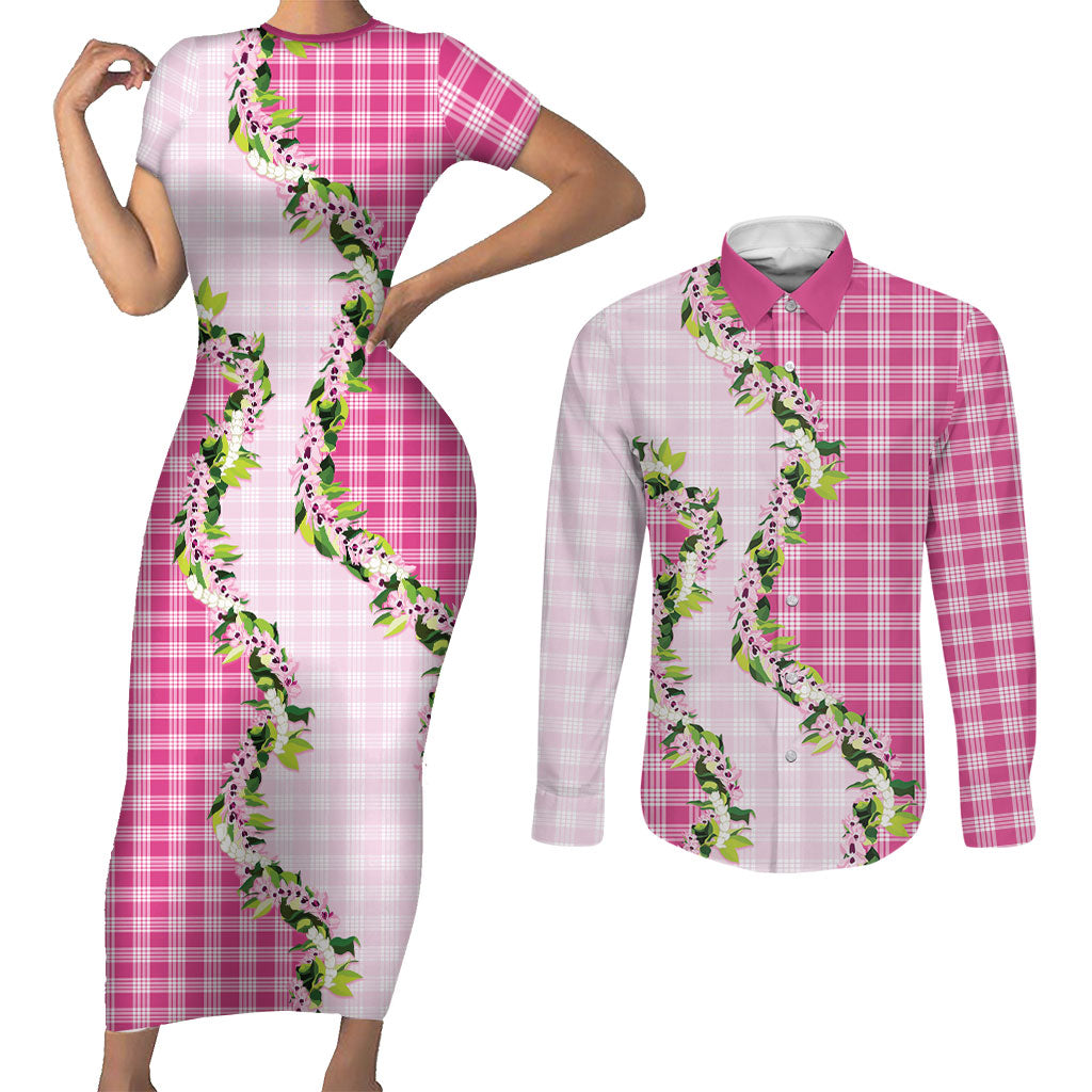 Pink Hawaii Palaka Couples Matching Short Sleeve Bodycon Dress and Long Sleeve Button Shirt Maile Pikake Honohono Orchid Lei