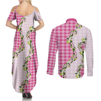Pink Hawaii Palaka Couples Matching Summer Maxi Dress and Long Sleeve Button Shirt Maile Pikake Honohono Orchid Lei LT05 - Polynesian Pride