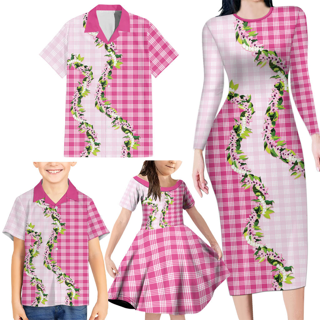 Pink Hawaii Palaka Family Matching Long Sleeve Bodycon Dress and Hawaiian Shirt Maile Pikake Honohono Orchid Lei LT05 - Polynesian Pride