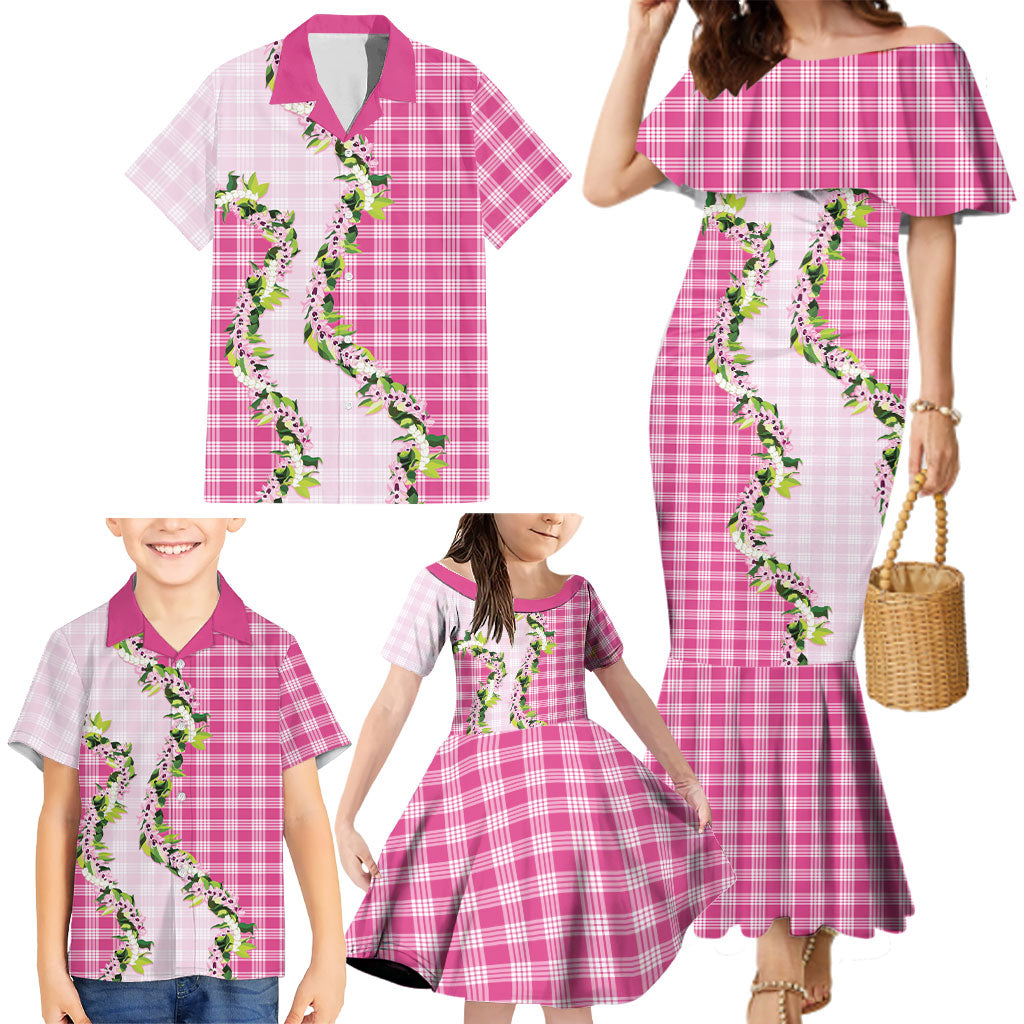 Pink Hawaii Palaka Family Matching Mermaid Dress and Hawaiian Shirt Maile Pikake Honohono Orchid Lei