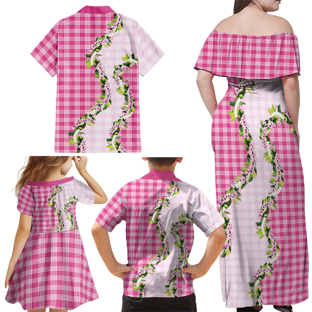 Pink Hawaii Palaka Family Matching Off Shoulder Maxi Dress and Hawaiian Shirt Maile Pikake Honohono Orchid Lei LT05 - Polynesian Pride
