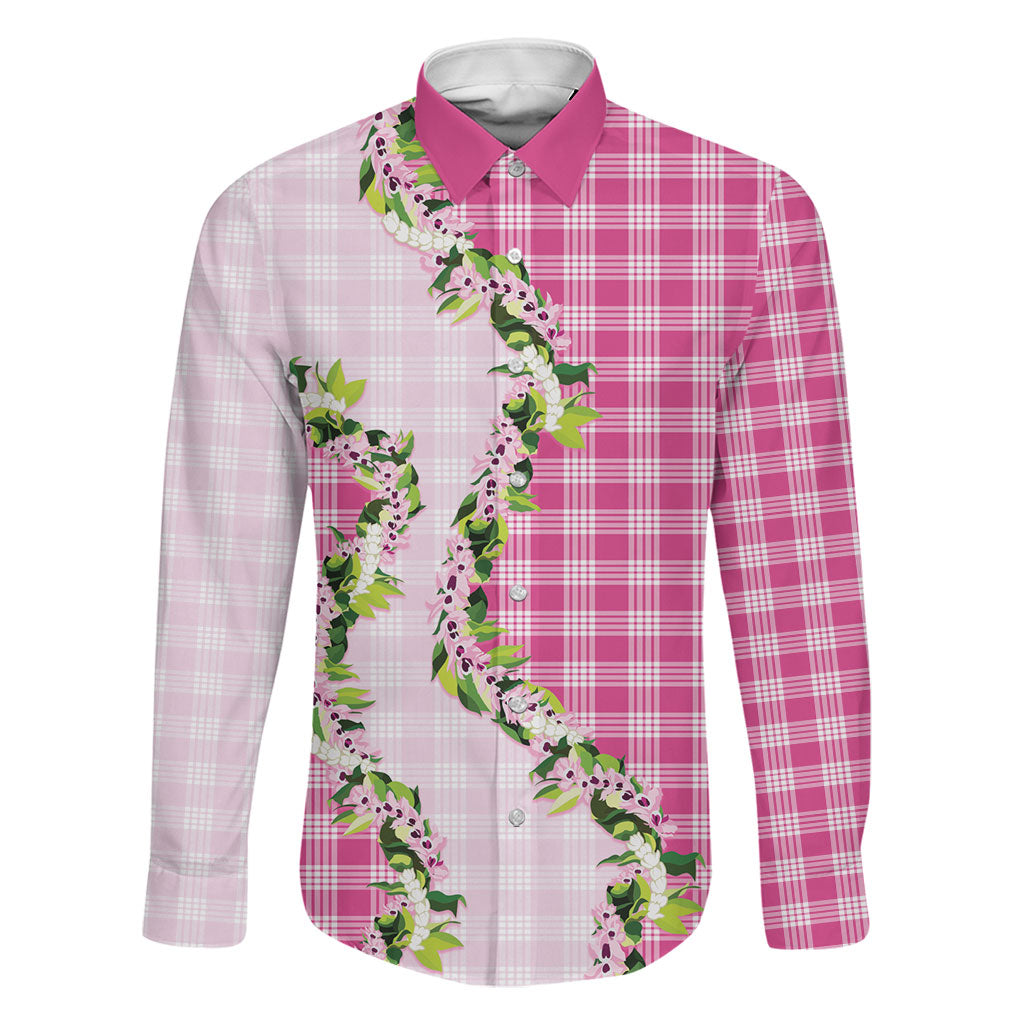 Pink Hawaii Palaka Family Matching Off Shoulder Maxi Dress and Hawaiian Shirt Maile Pikake Honohono Orchid Lei LT05 Dad's Shirt - Long Sleeve Pink - Polynesian Pride