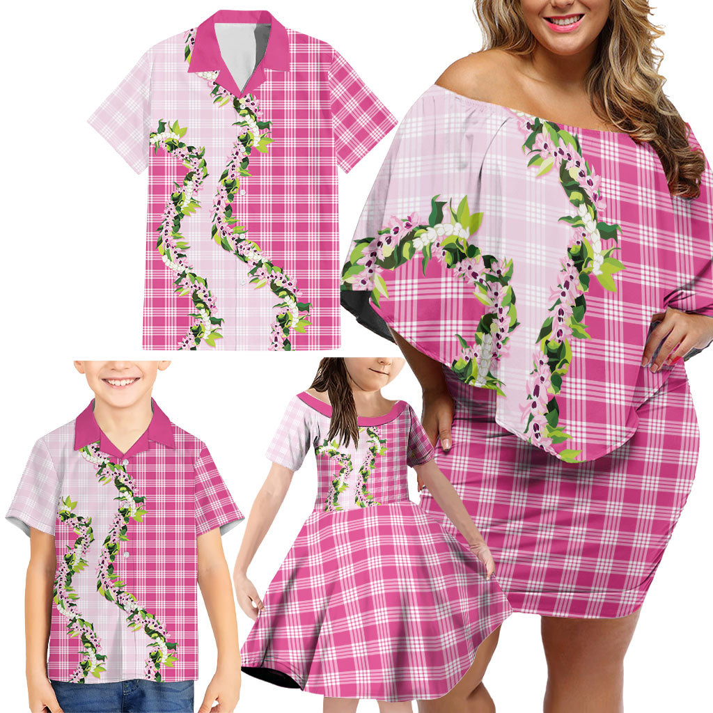 Pink Hawaii Palaka Family Matching Off Shoulder Short Dress and Hawaiian Shirt Maile Pikake Honohono Orchid Lei LT05 - Polynesian Pride