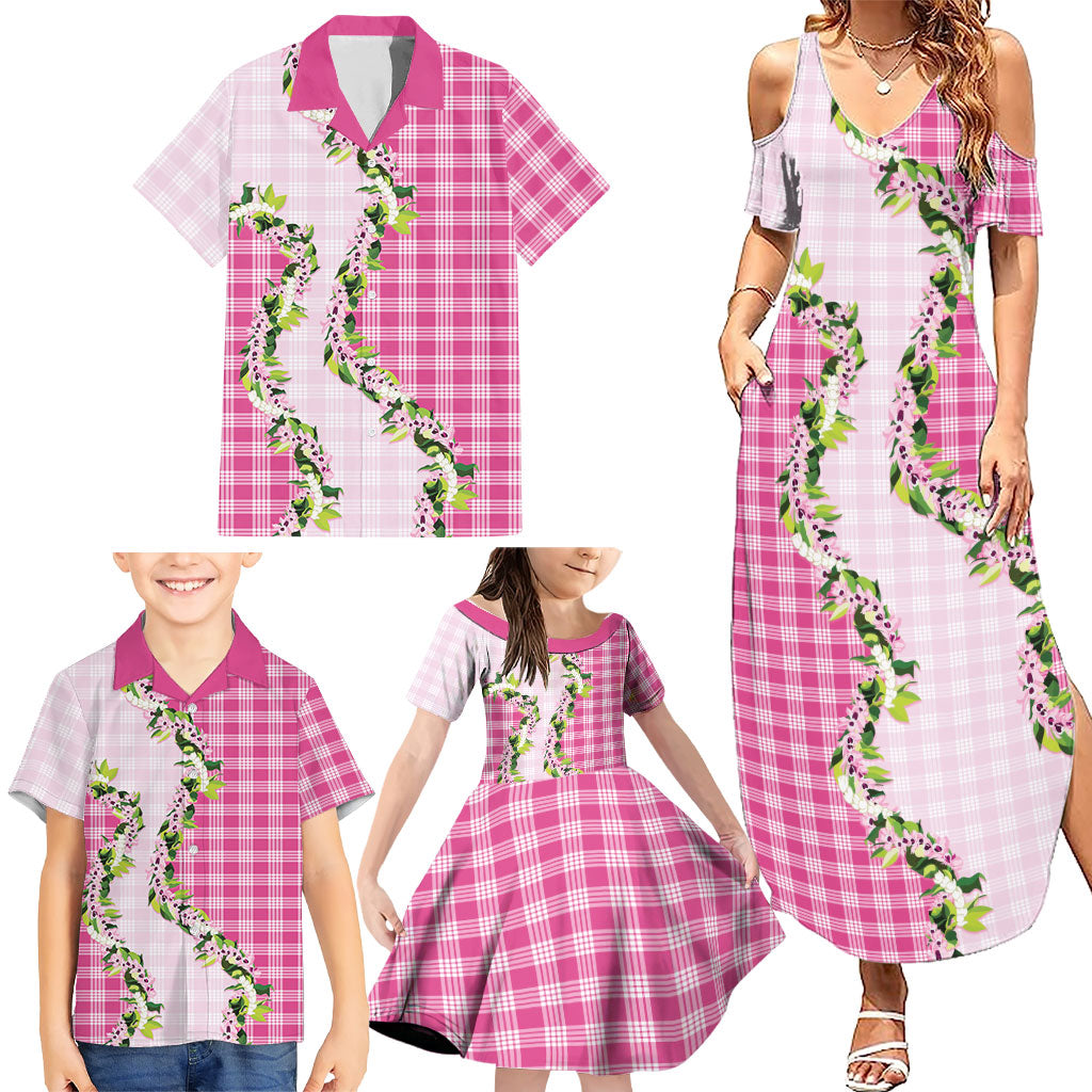 Pink Hawaii Palaka Family Matching Summer Maxi Dress and Hawaiian Shirt Maile Pikake Honohono Orchid Lei