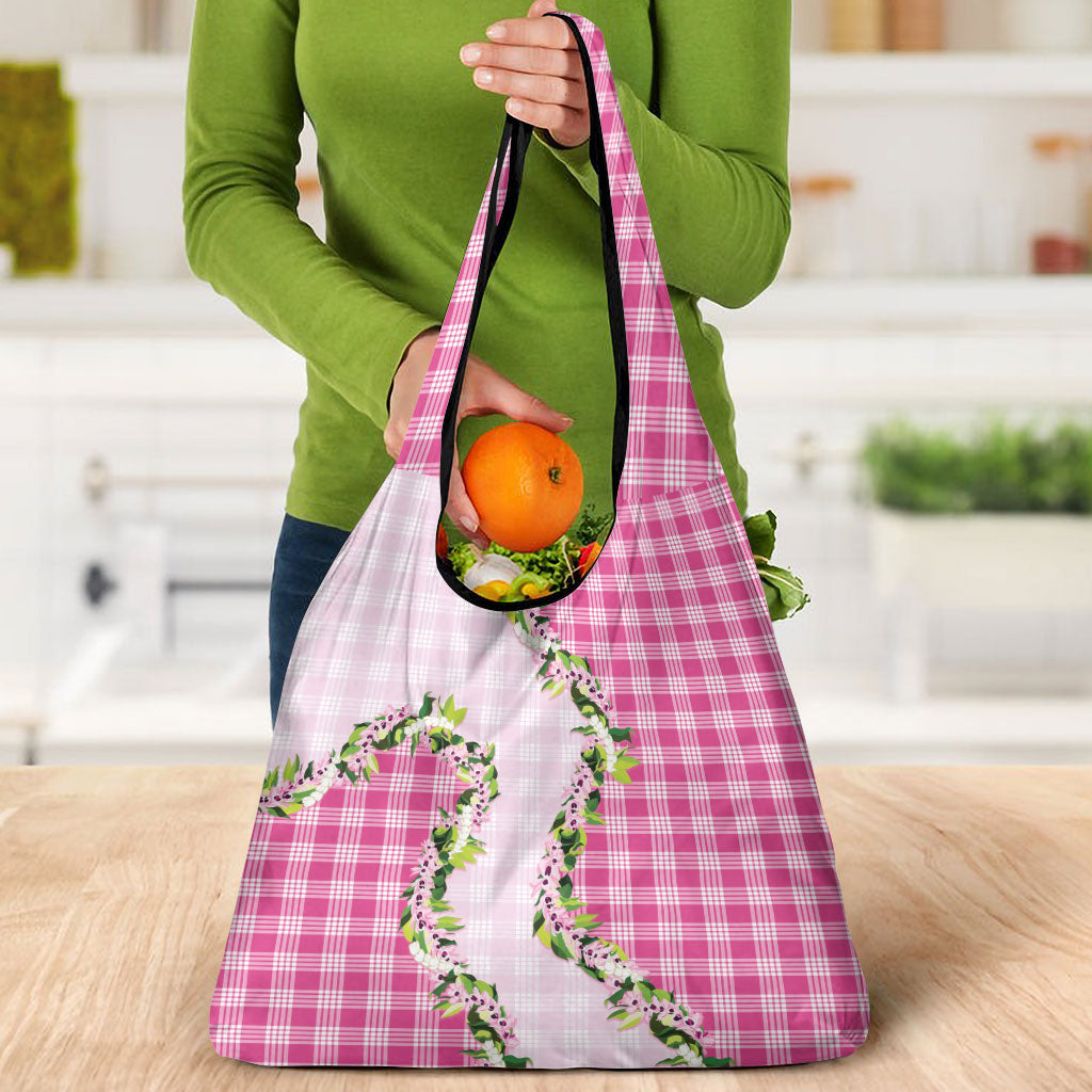 Pink Hawaii Palaka Grocery Bag Maile Pikake Honohono Orchid Lei