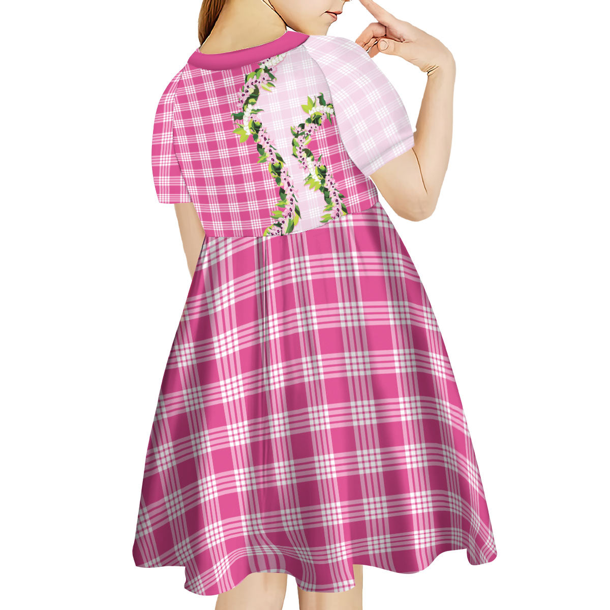 Pink Hawaii Palaka Kid Short Sleeve Dress Maile Pikake Honohono Orchid Lei