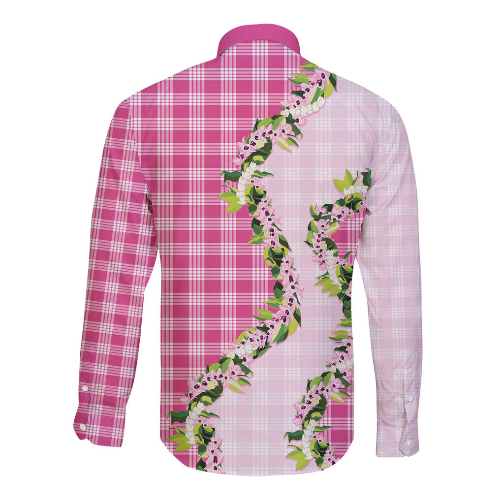 Pink Hawaii Palaka Long Sleeve Button Shirt Maile Pikake Honohono Orchid Lei