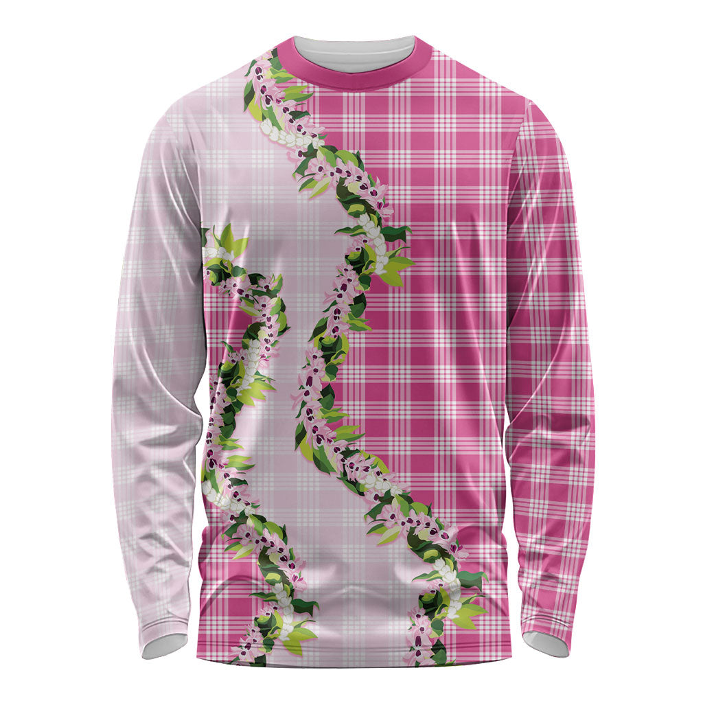 Pink Hawaii Palaka Long Sleeve Shirt Maile Pikake Honohono Orchid Lei