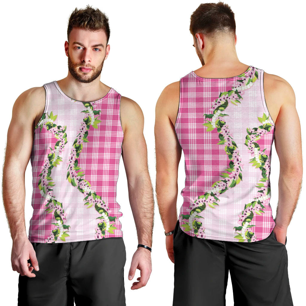 Pink Hawaii Palaka Men Tank Top Maile Pikake Honohono Orchid Lei