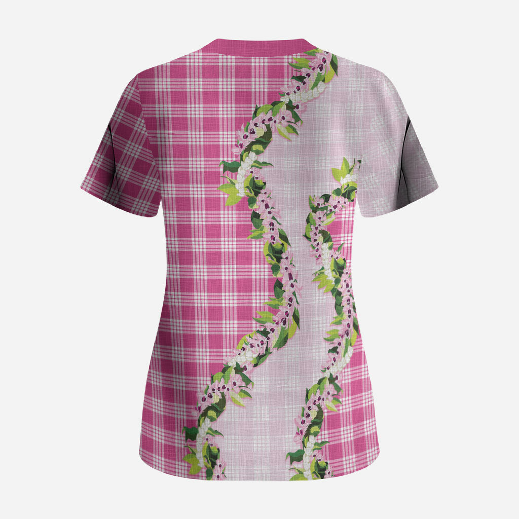 Pink Hawaii Palaka Scrub Top Maile Pikake Honohono Orchid Lei LT05 - Polynesian Pride