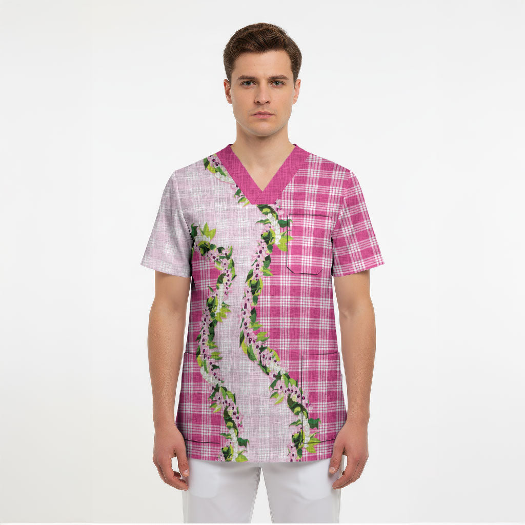 Pink Hawaii Palaka Scrub Top Maile Pikake Honohono Orchid Lei LT05 - Polynesian Pride