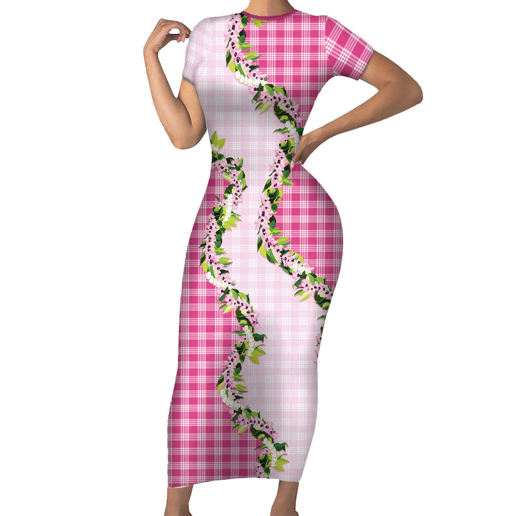 Pink Hawaii Palaka Short Sleeve Bodycon Dress Maile Pikake Honohono Orchid Lei