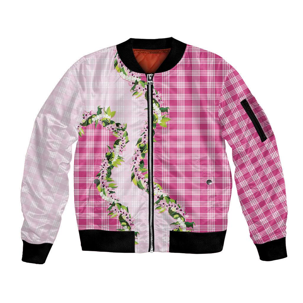 Pink Hawaii Palaka Sleeve Zip Bomber Jacket Maile Pikake Honohono Orchid Lei