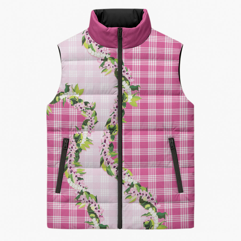 Pink Hawaii Palaka Sleeveless Puffer Jacket Maile Pikake Honohono Orchid Lei