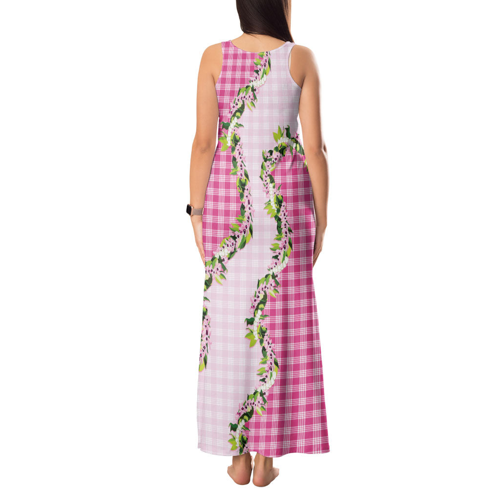 Pink Hawaii Palaka Tank Maxi Dress Maile Pikake Honohono Orchid Lei