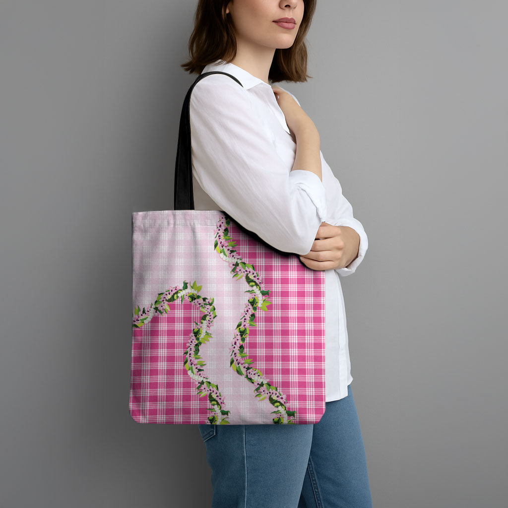 Pink Hawaii Palaka Tote Bag Maile Pikake Honohono Orchid Lei