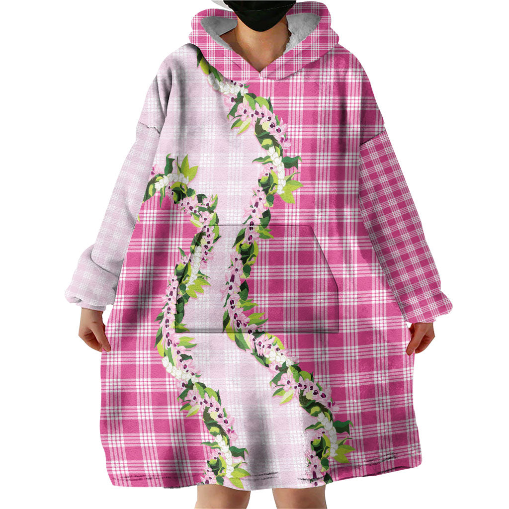 Pink Hawaii Palaka Wearable Blanket Hoodie Maile Pikake Honohono Orchid Lei