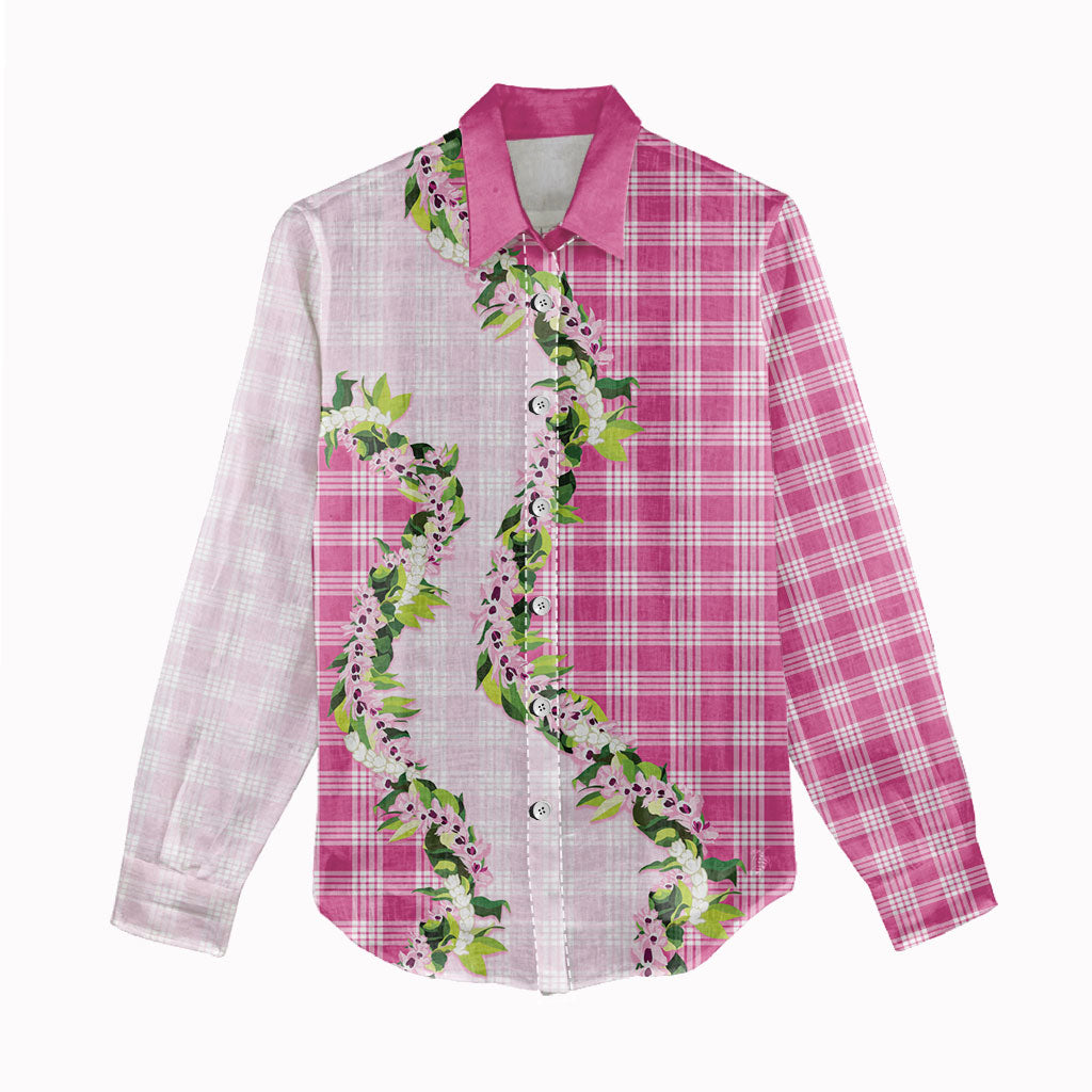 Pink Hawaii Palaka Women Casual Shirt Maile Pikake Honohono Orchid Lei LT05 - Polynesian Pride