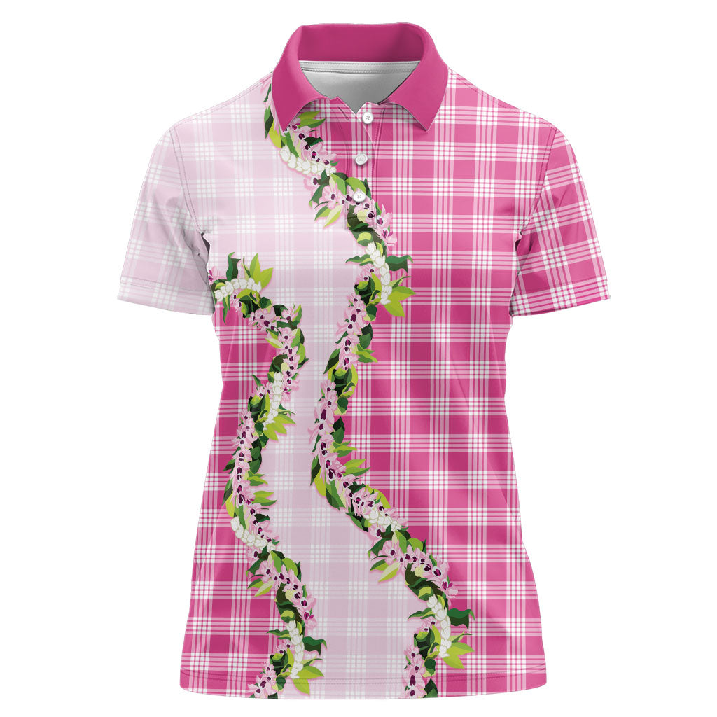 Pink Hawaii Palaka Women Polo Shirt Maile Pikake Honohono Orchid Lei