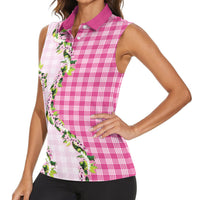 Pink Hawaii Palaka Women Sleeveless Polo Shirt Maile Pikake Honohono Orchid Lei LT05 - Polynesian Pride