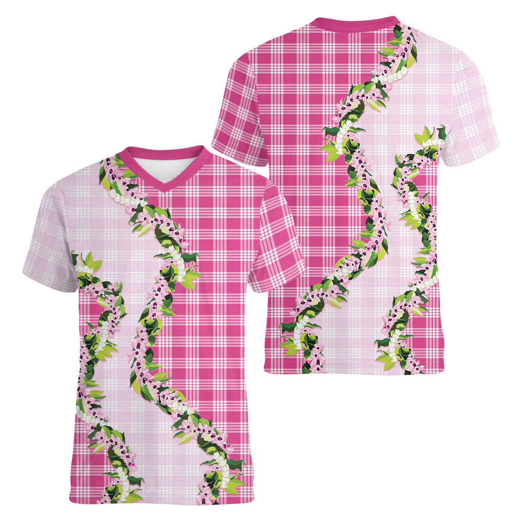 Pink Hawaii Palaka Women V-Neck T-Shirt Maile Pikake Honohono Orchid Lei LT05 - Polynesian Pride