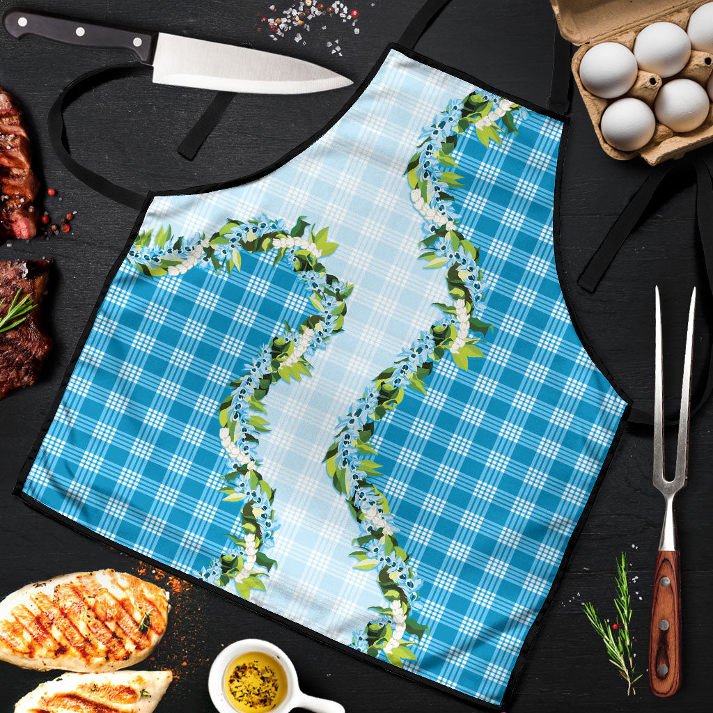 Blue Hawaii Palaka Apron Maile Pikake Honohono Orchid Lei