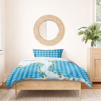 Blue Hawaii Palaka Bedding Set Maile Pikake Honohono Orchid Lei