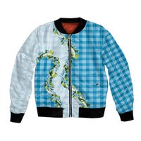 Blue Hawaii Palaka Bomber Jacket Maile Pikake Honohono Orchid Lei