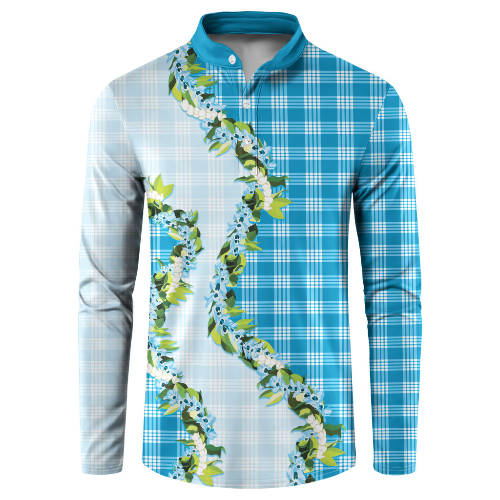 Blue Hawaii Palaka Button Sweatshirt Maile Pikake Honohono Orchid Lei