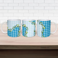 Blue Hawaii Palaka Ceramic Mug Maile Pikake Honohono Orchid Lei