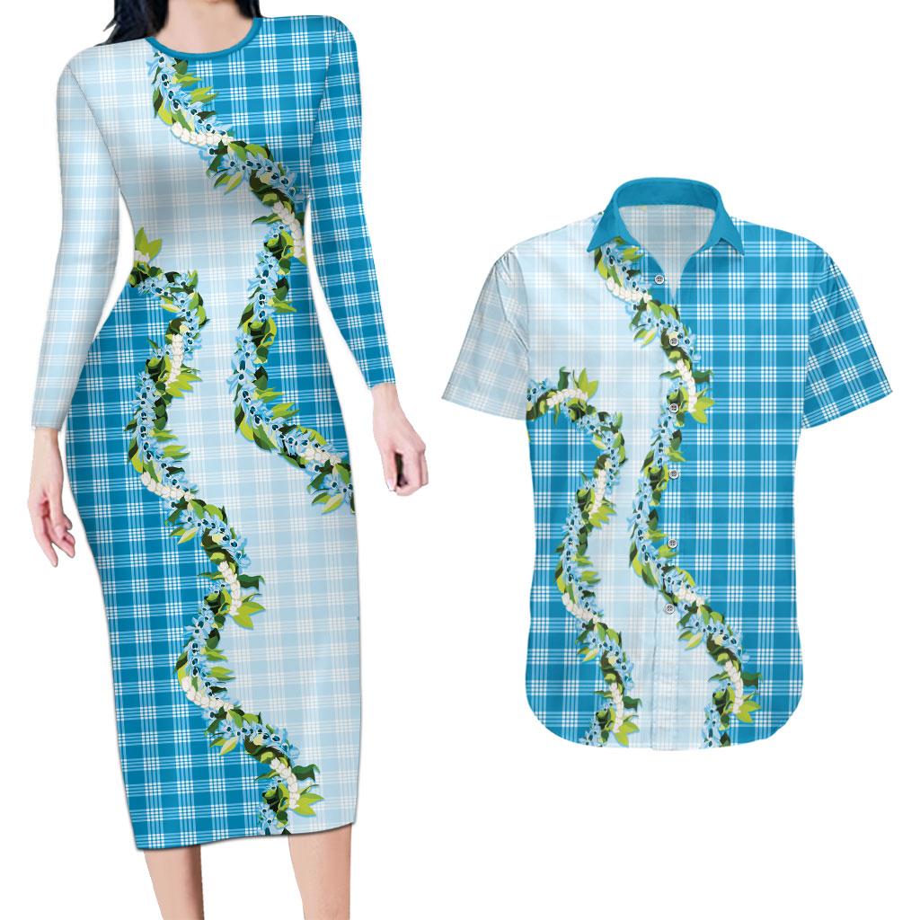 Blue Hawaii Palaka Couples Matching Long Sleeve Bodycon Dress and Hawaiian Shirt Maile Pikake Honohono Orchid Lei
